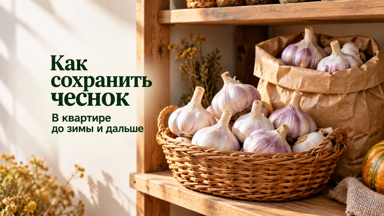 Целые сухие головки чеснока в открытой корзине и бумажном пакете